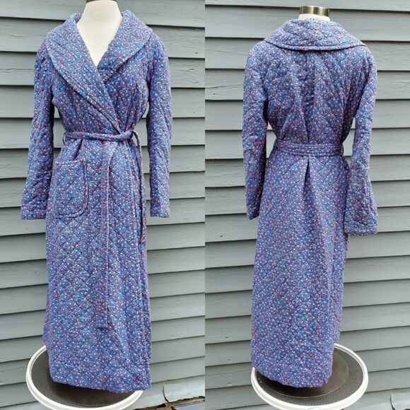 Vintage 70s Handmade Blue Red Apple Quilted Belted Housecoat Robe Trench Coat - Picture 6 of 6